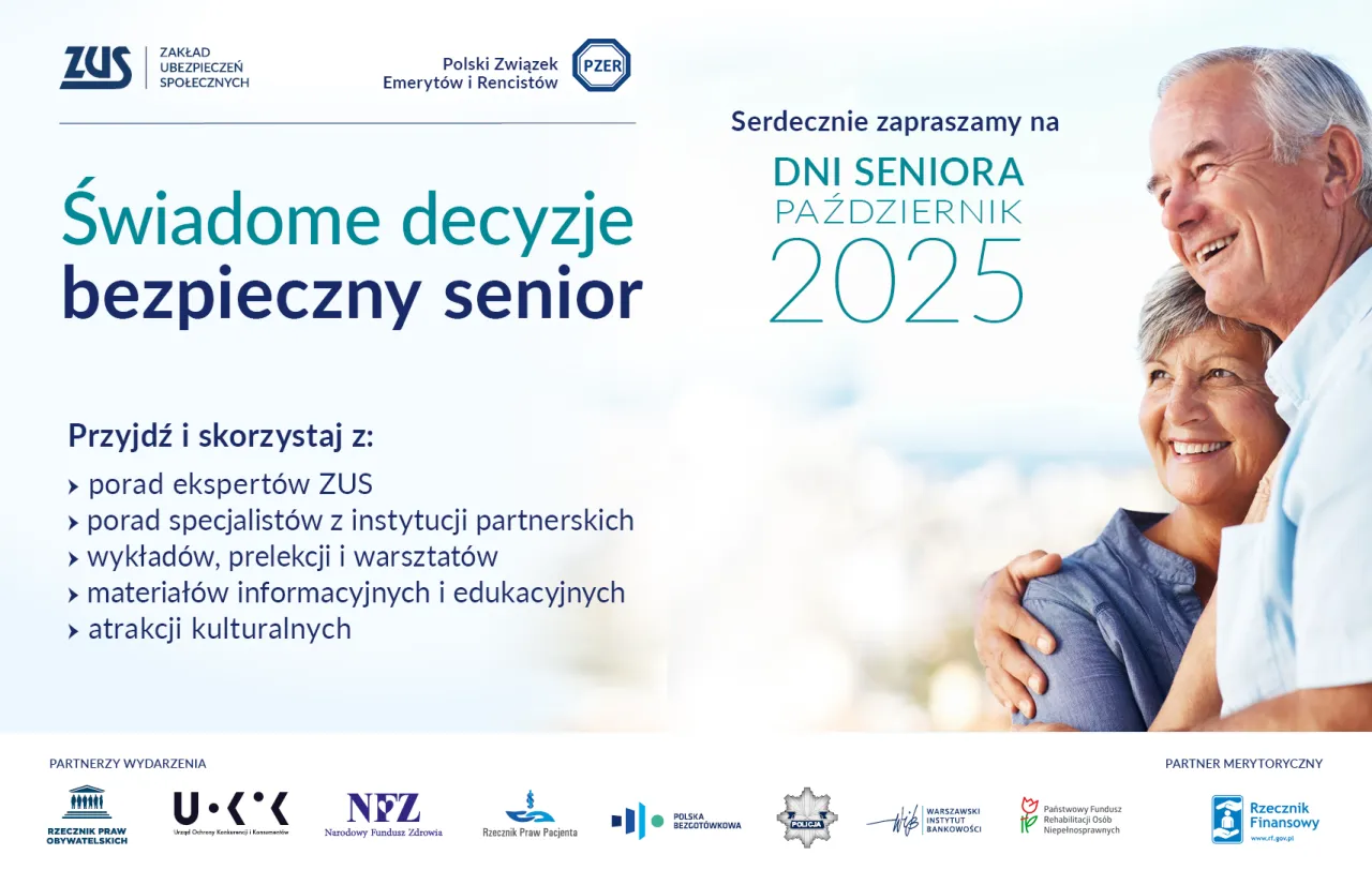 Zaproszenie na Dni Seniora w październiku 2025. Radosna para senior&oacute;w cieszy się wsp&oacute;lnym czasem, kiedy jest dzień seniora.
