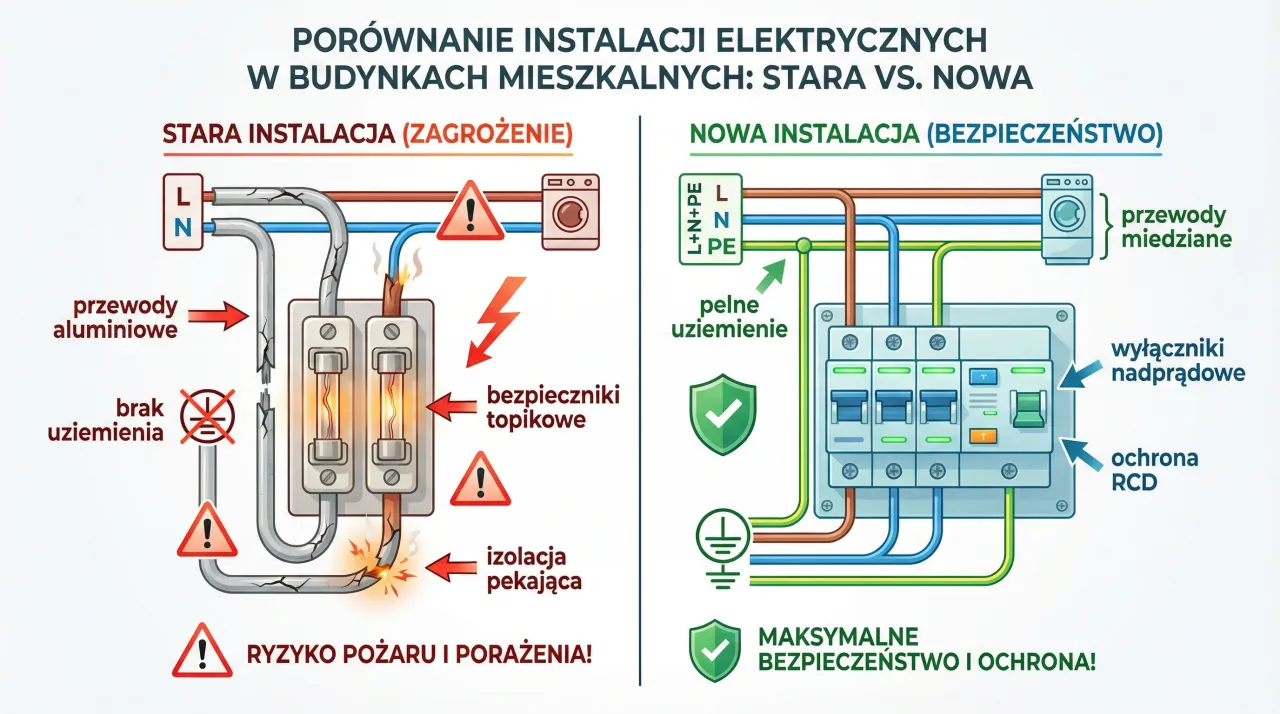 Stara instalacja z bezpiecznikami topikowymi i aluminium grozi zwarciem i pożarem. Nowa instalacja z zabezpieczeniami i miedzianymi przewodami zapewnia bezpieczeństwo.
