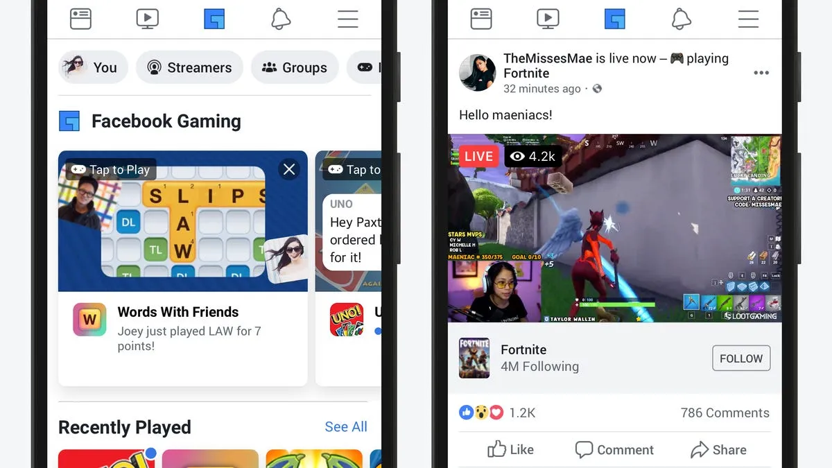 Facebook Gaming section screenshot, Facebook app menu games icon
