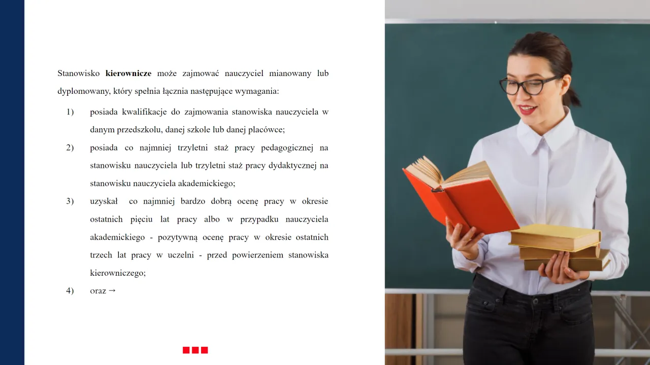 Nauczycielka z okularami i książkami, obok tekst o tym, jak zostać dyrektorem szkoły.