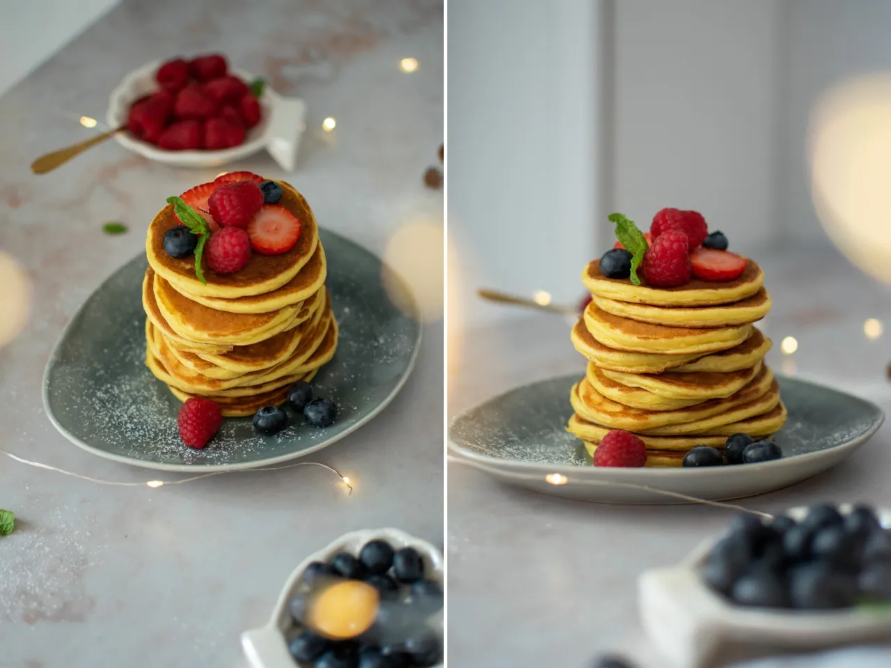 proteinowe pancakes z owocami i masłem orzechowym