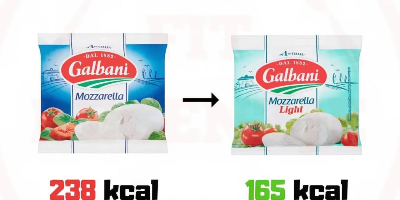 Porównanie opakowań mozzarelli Galbani: zwykła (238 kcal) i light (165 kcal). Dowiedz się, ile tłuszczu ma mozzarella!