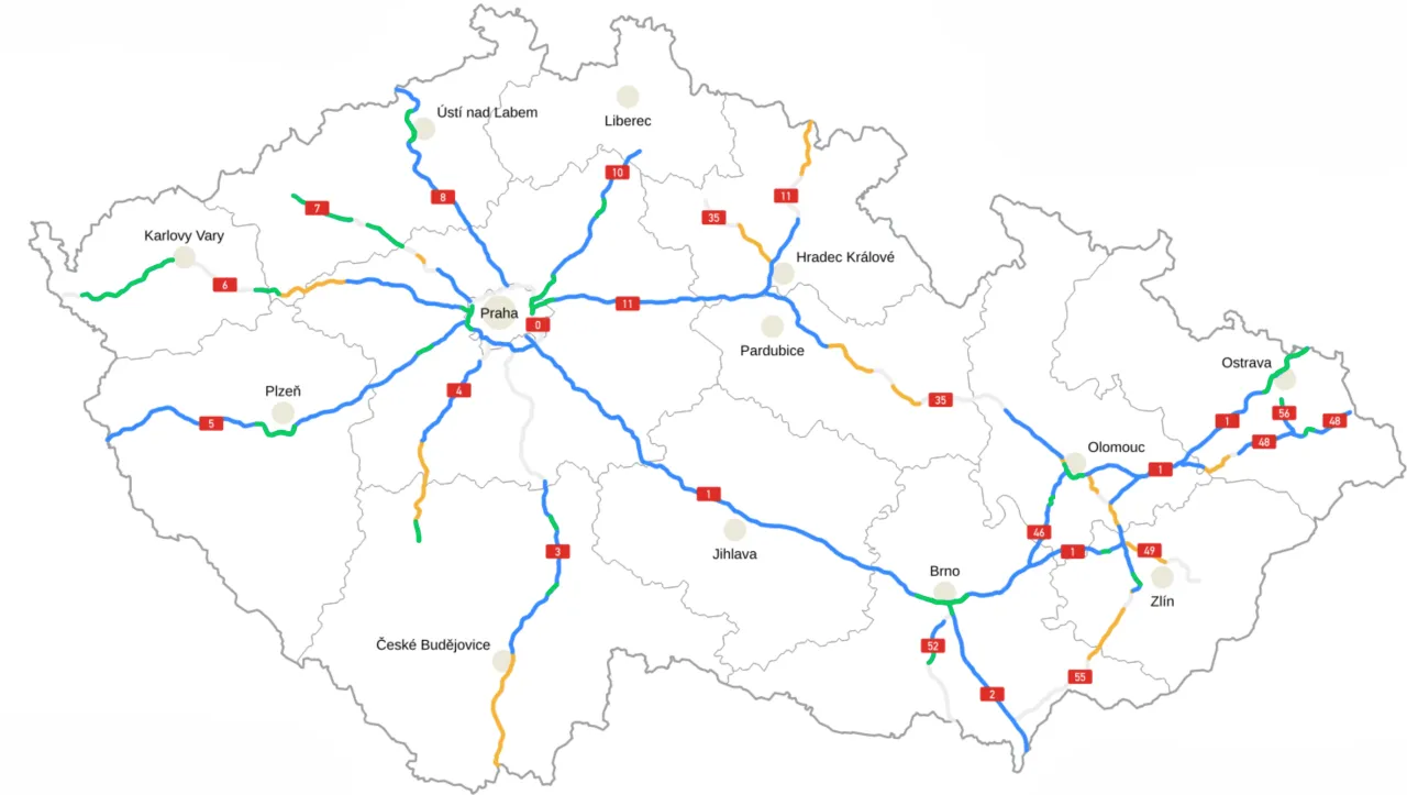 Mapa autostrad w Europie, pokazująca gł&oacute;wne drogi w Czechach z zaznaczonymi miastami jak Praga, Brno, Ostrava.