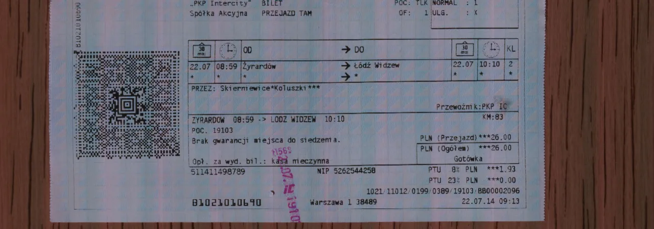 Bilet PKP Intercity na trasę Żyrard&oacute;w - Ł&oacute;dź Widzew. Czy można kupić bilet w pociągu? Na tym bilecie widnieje informacja o braku gwarancji miejsca.
