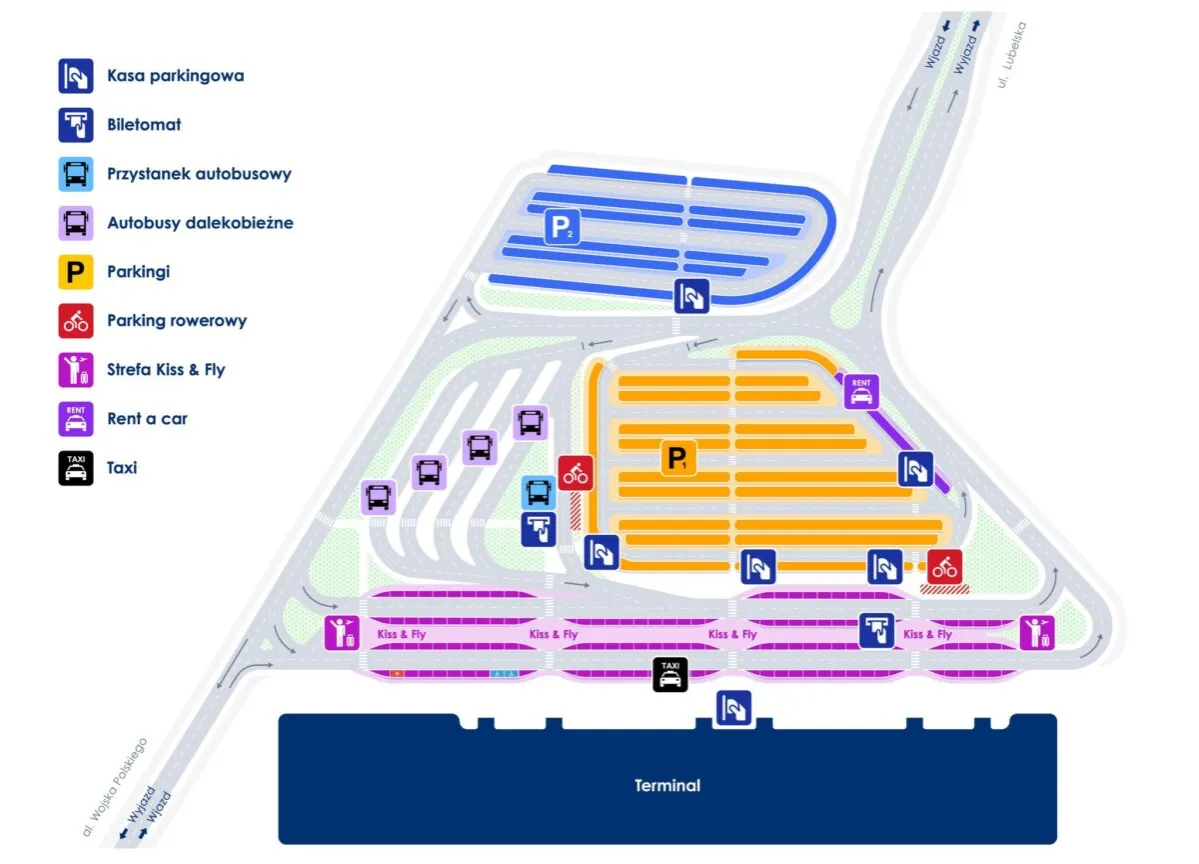 Schemat lotniska w Radomiu: parkingi, Kiss & Fly, taxi, wypożyczalnie aut, przystanki autobusowe. Czy lotnisko w Radomiu jest czynne? Tak, wszystko wskazuje na to, że tak.