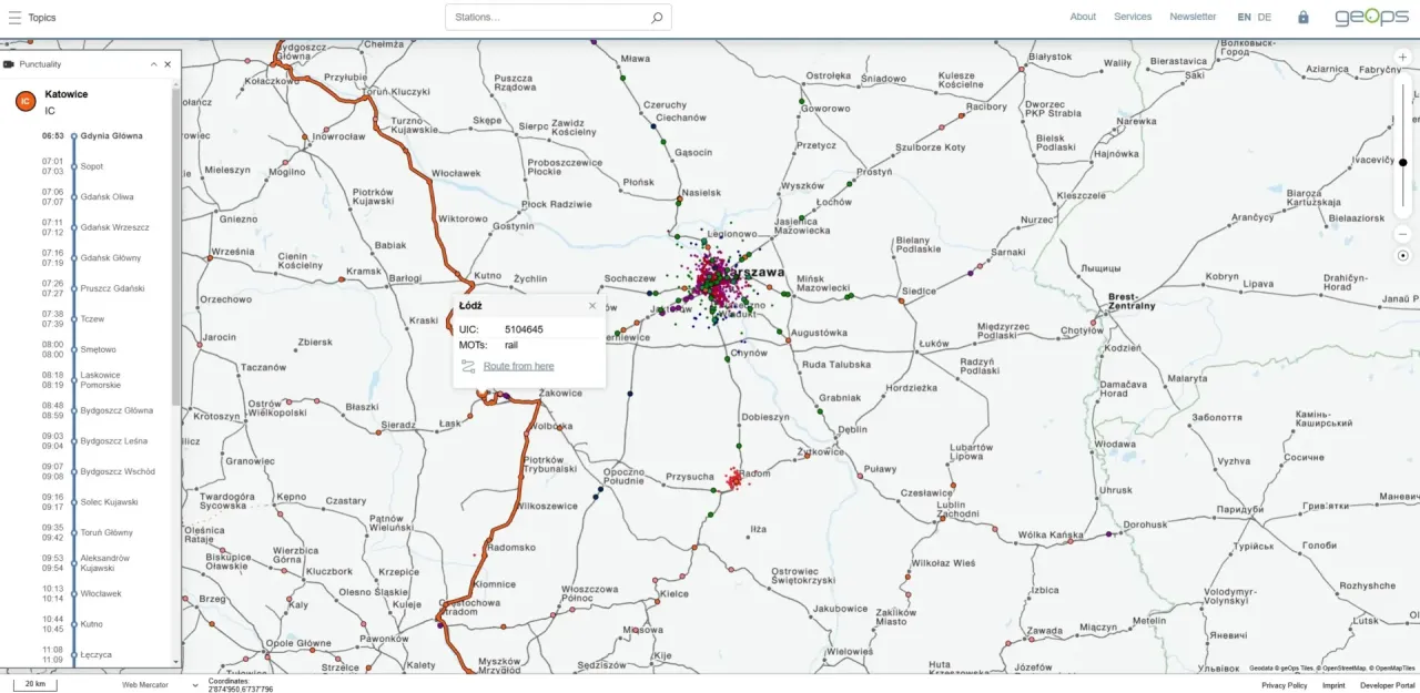 Mapa pokazuje trasę pociągu IC z Katowic do Gdyni Głównej, z zaznaczonymi przystankami i punktami na mapie.