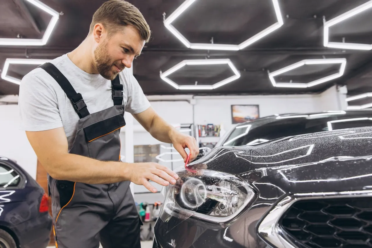 Fachowiec okleja reflektor samochodu folią ochronną. Dowiedz się, ile kosztuje oklejanie samochod&oacute;w i jak chronić lakier.