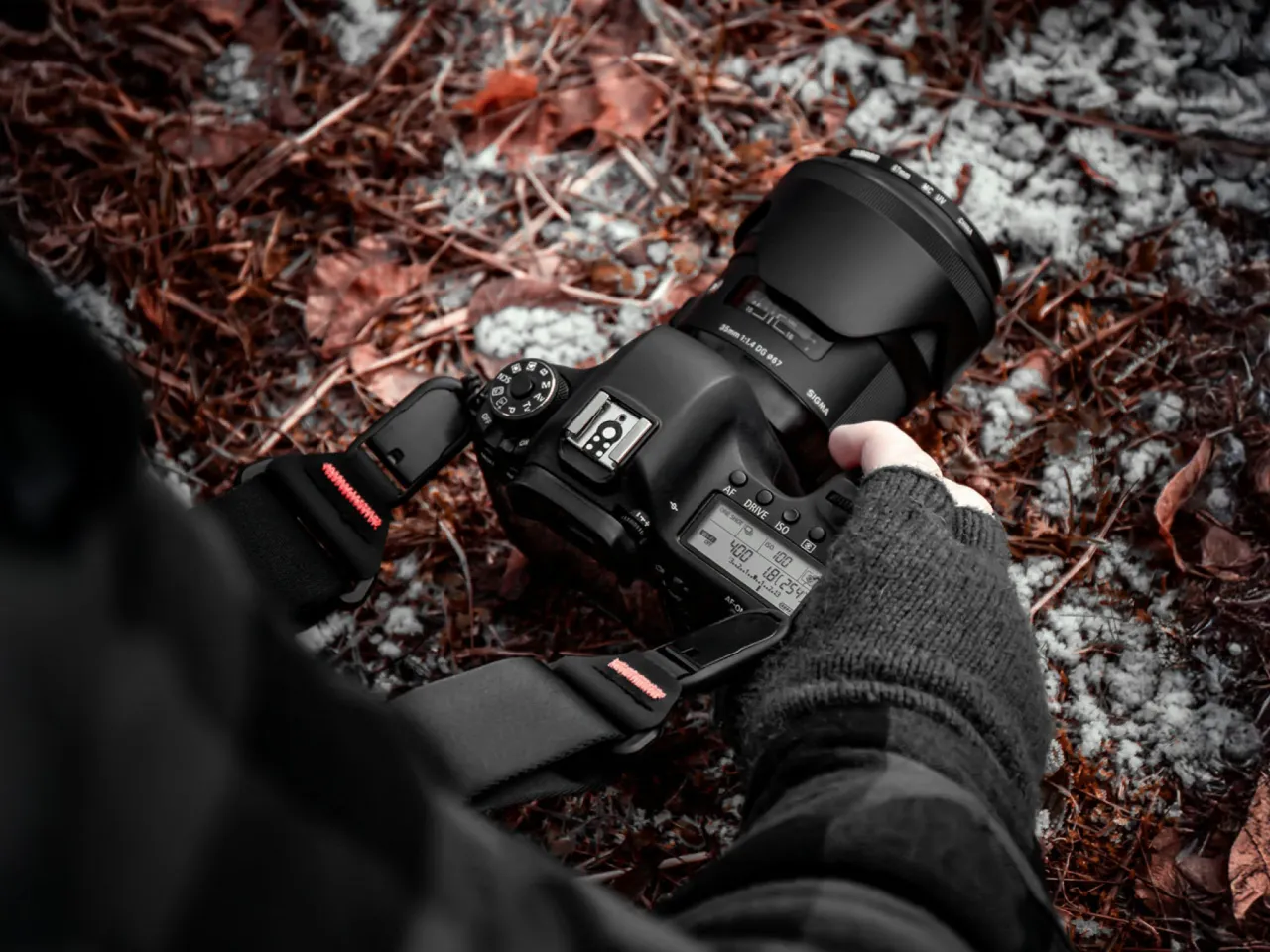 Dłoń trzyma nowoczesny aparat, jakby zastanawiając się, jaki pierwszy aparat fotograficzny był podobny. Leży na ziemi wśród liści.