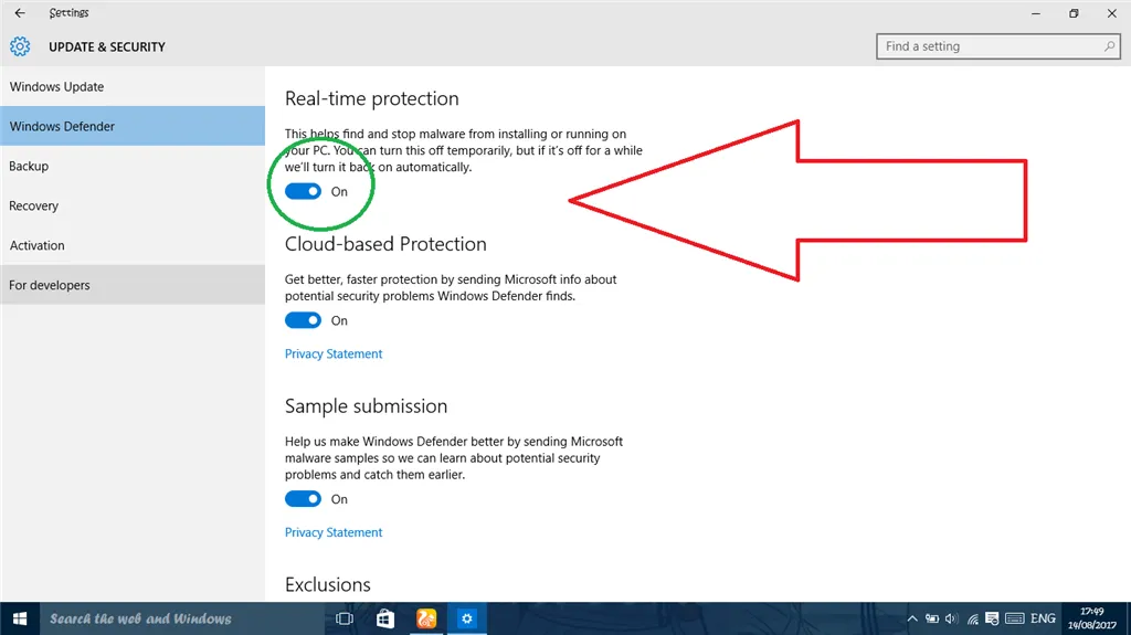 Windows Defender settings real-time protection