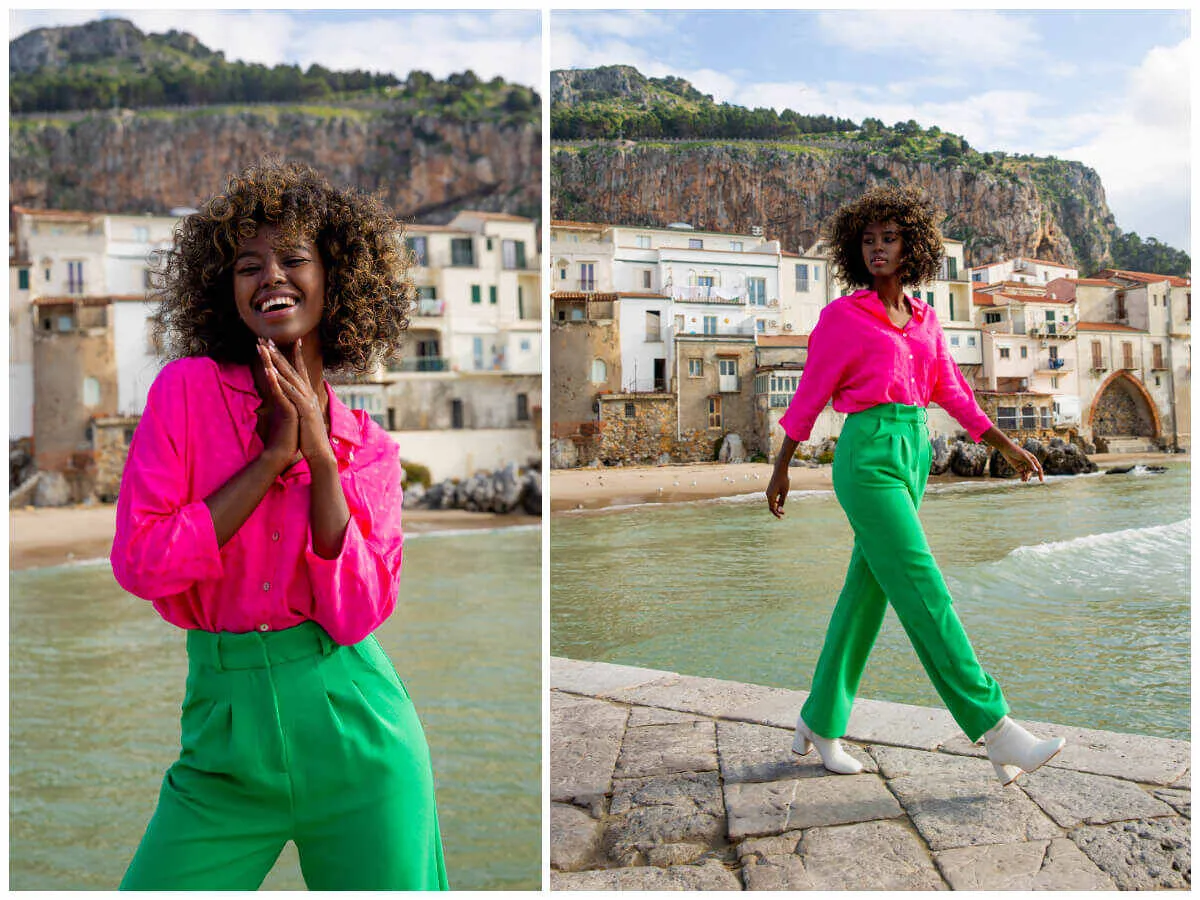 Zielona bluzka z r&oacute;żowymi spodniami, zielona bluzka z pomarańczowymi spodniami