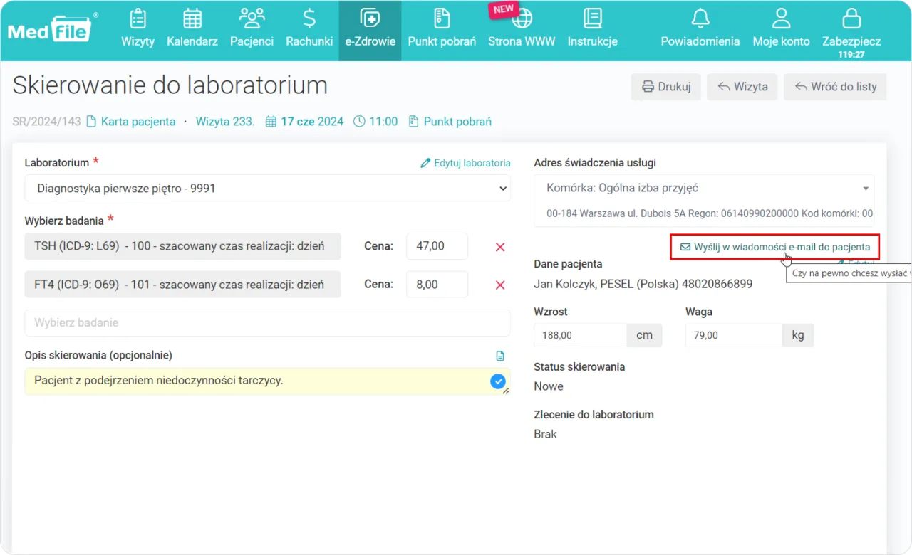 Formularz skierowania do laboratorium. Czy do laboratorium trzeba się rejestrować? System MedFile pozwala wysłać skierowanie e-mailem.