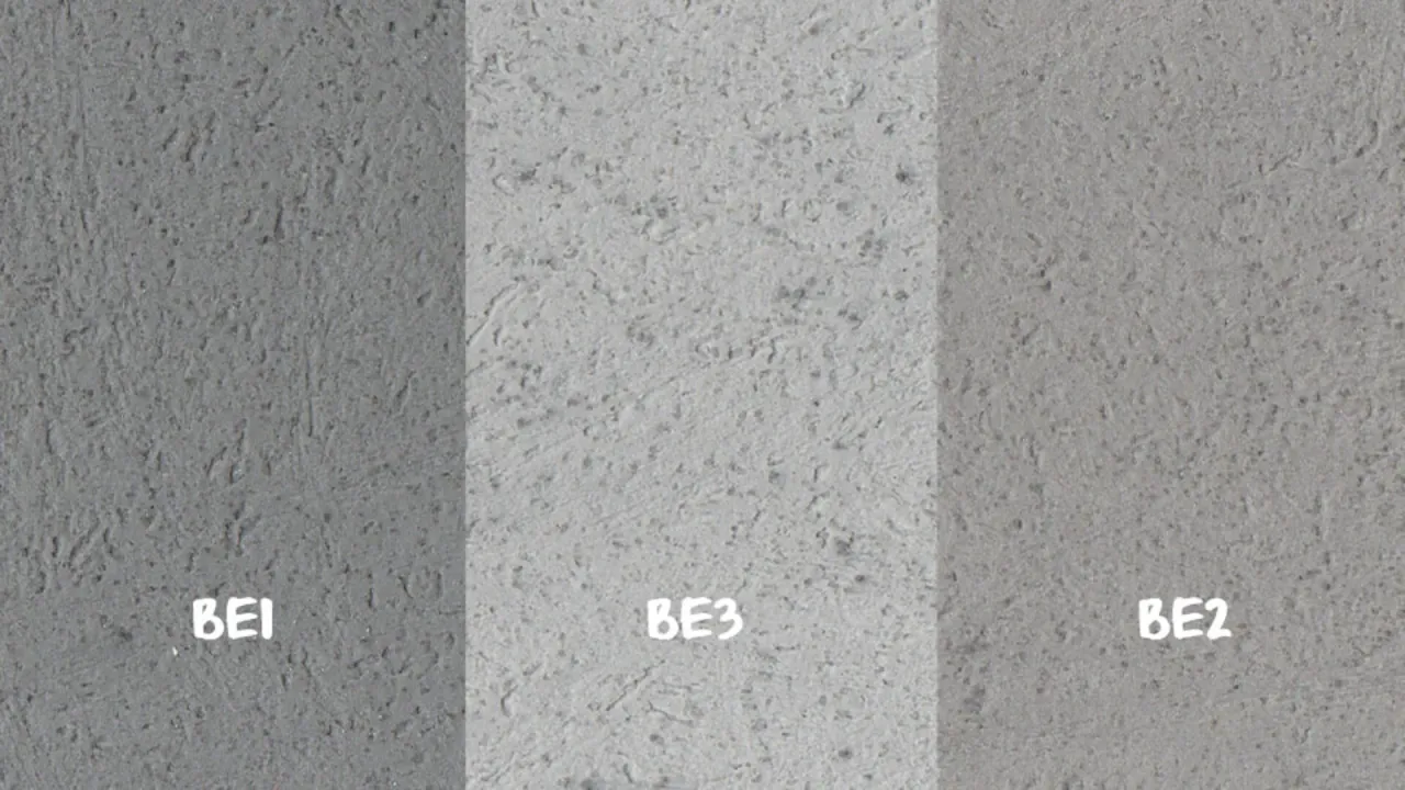 Trzy pr&oacute;bki betonu architektonicznego: BE1, BE3, BE2. R&oacute;żnią się odcieniem i fakturą, pokazując możliwości wykończenia.