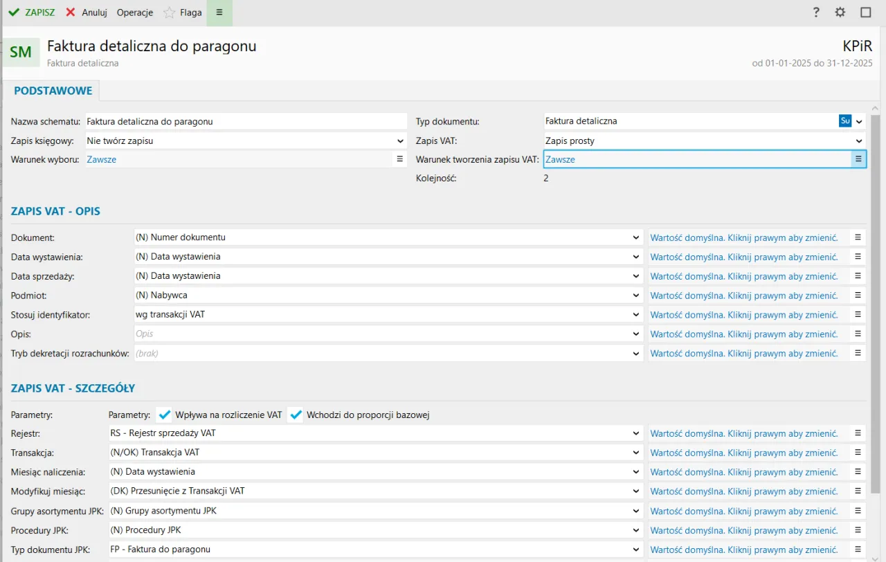 Ustawienia systemu księgowego, które pozwalają określić, czy z paragonu można zrobić fakturę. Widok konfiguracji 