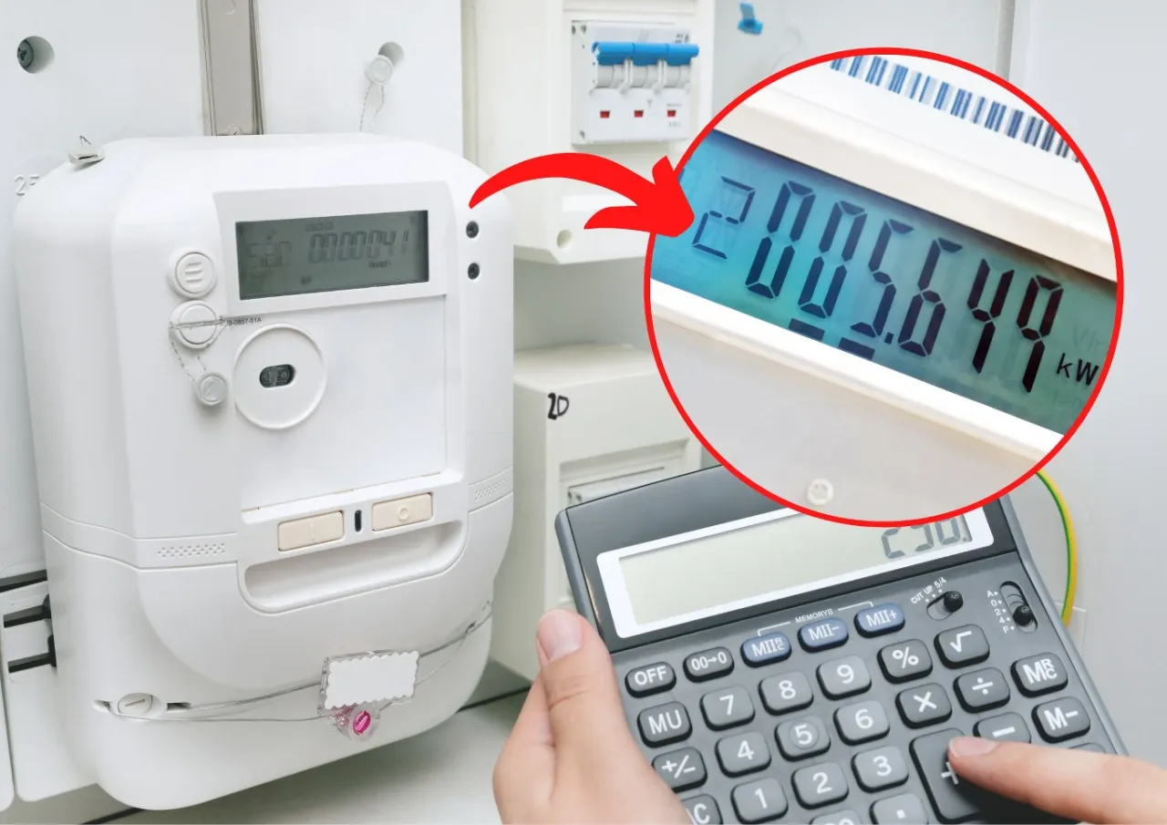 Jak odczytać stan licznika prądu? Na zdjęciu widać licznik energii elektrycznej i kalkulator. Cyfrowy wyświetlacz licznika pokazuje 2005.649 kWh.