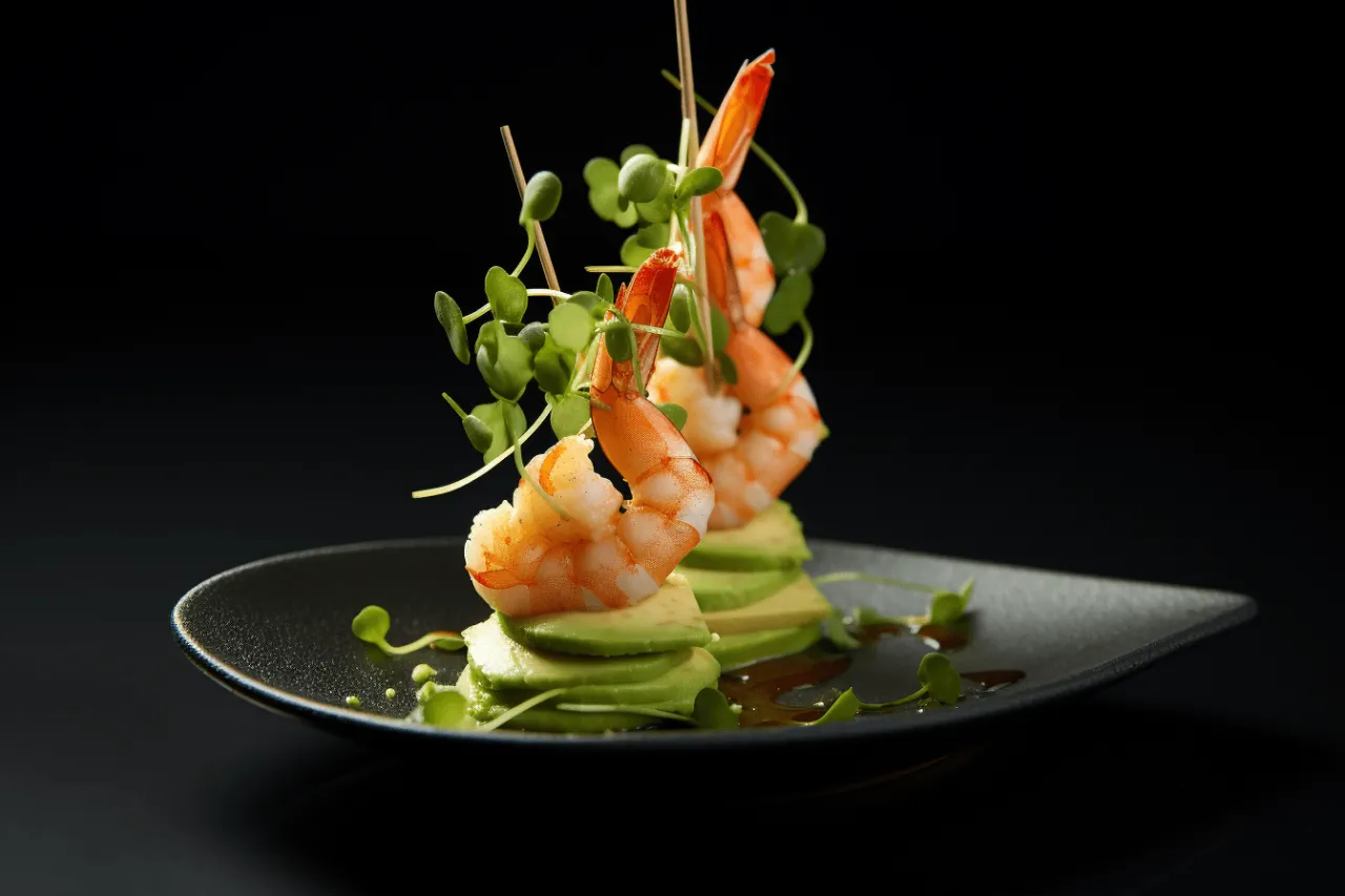 Eleganckie koreczki z krewetkami i awokado, ozdobione zielonymi kiełkami, prezentowane na czarnym talerzu.