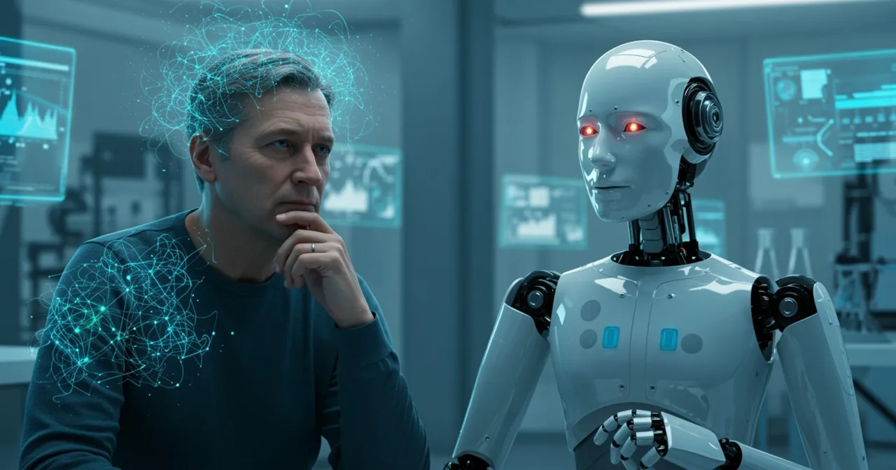 Człowiek z siecią neuronową nad głową i robot z czerwonymi oczami. Tak jak nas widzi sztuczna inteligencja, analizując dane.