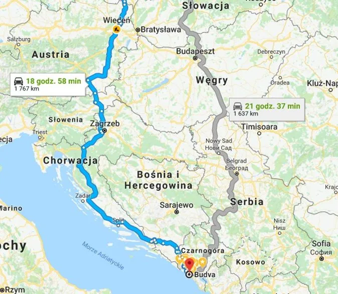 Mapa trasy Polska Czarnog&oacute;ra samochodem