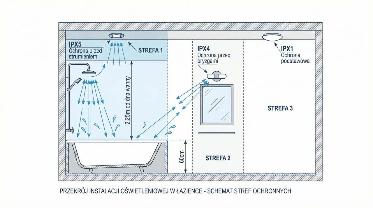 rozmieszczenie punktów świetlnych w łazience schemat