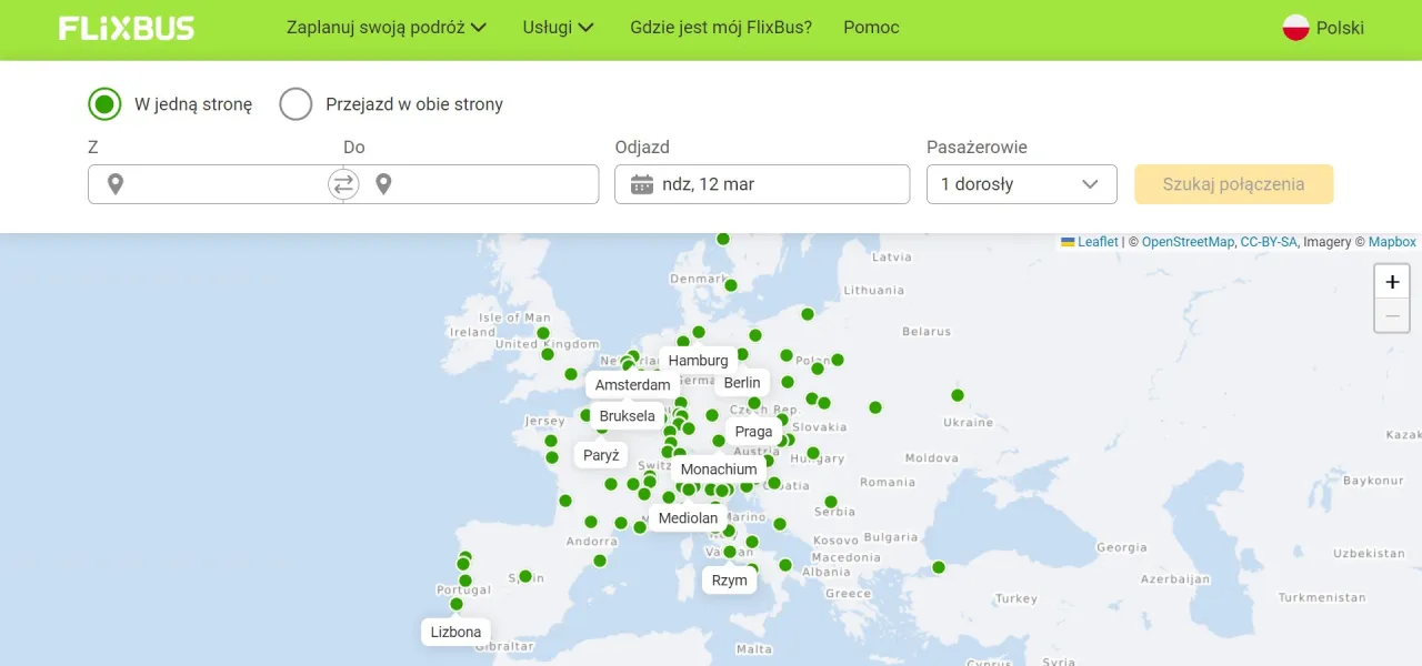 Mapa przystanków Flixbus Polska