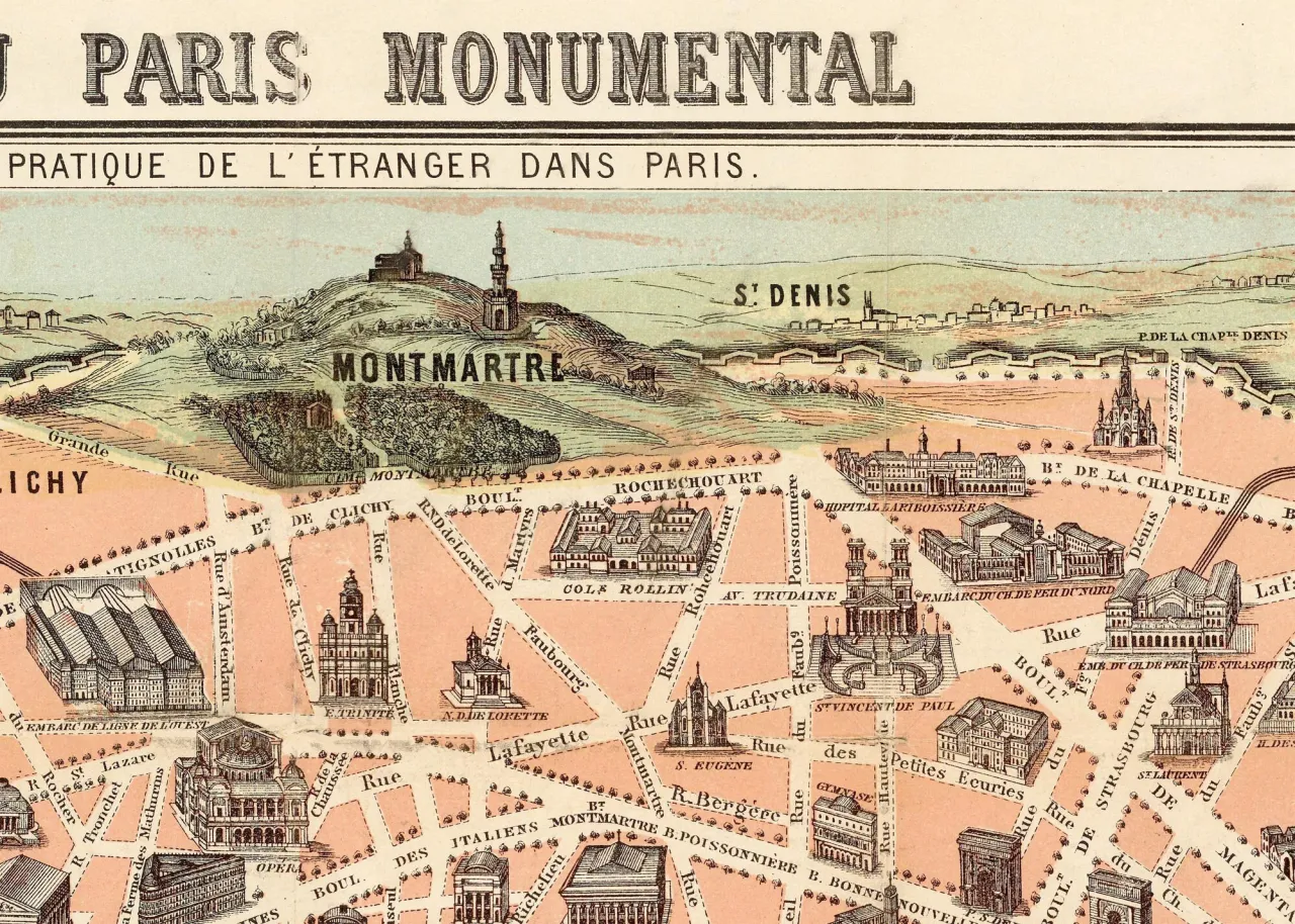 Stara mapa Paryża, stolicy Francji, z widokiem na Montmartre i liczne zabytki.