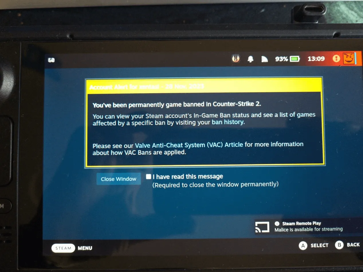 Skutki bana VAC na profilu Steam i ekwipunku