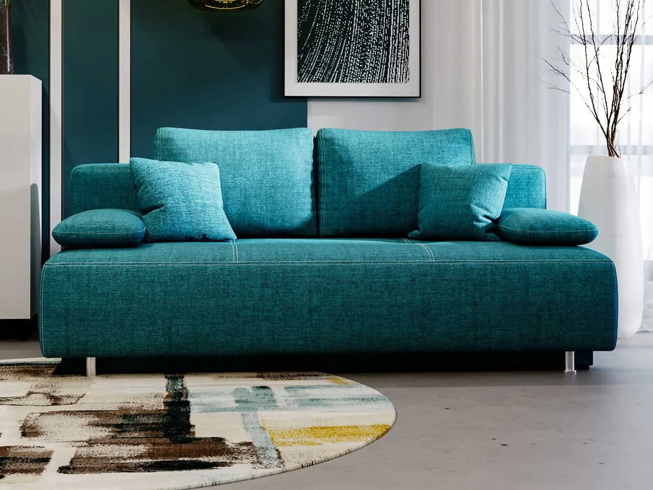 Turkusowa kanapa z białymi ścianami