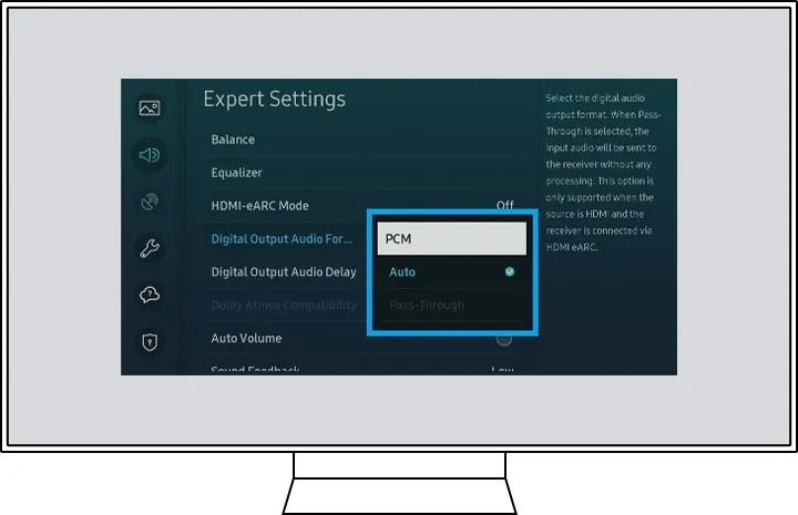 ustawienia eksperckie dźwięku samsung tv pcm dolby digital