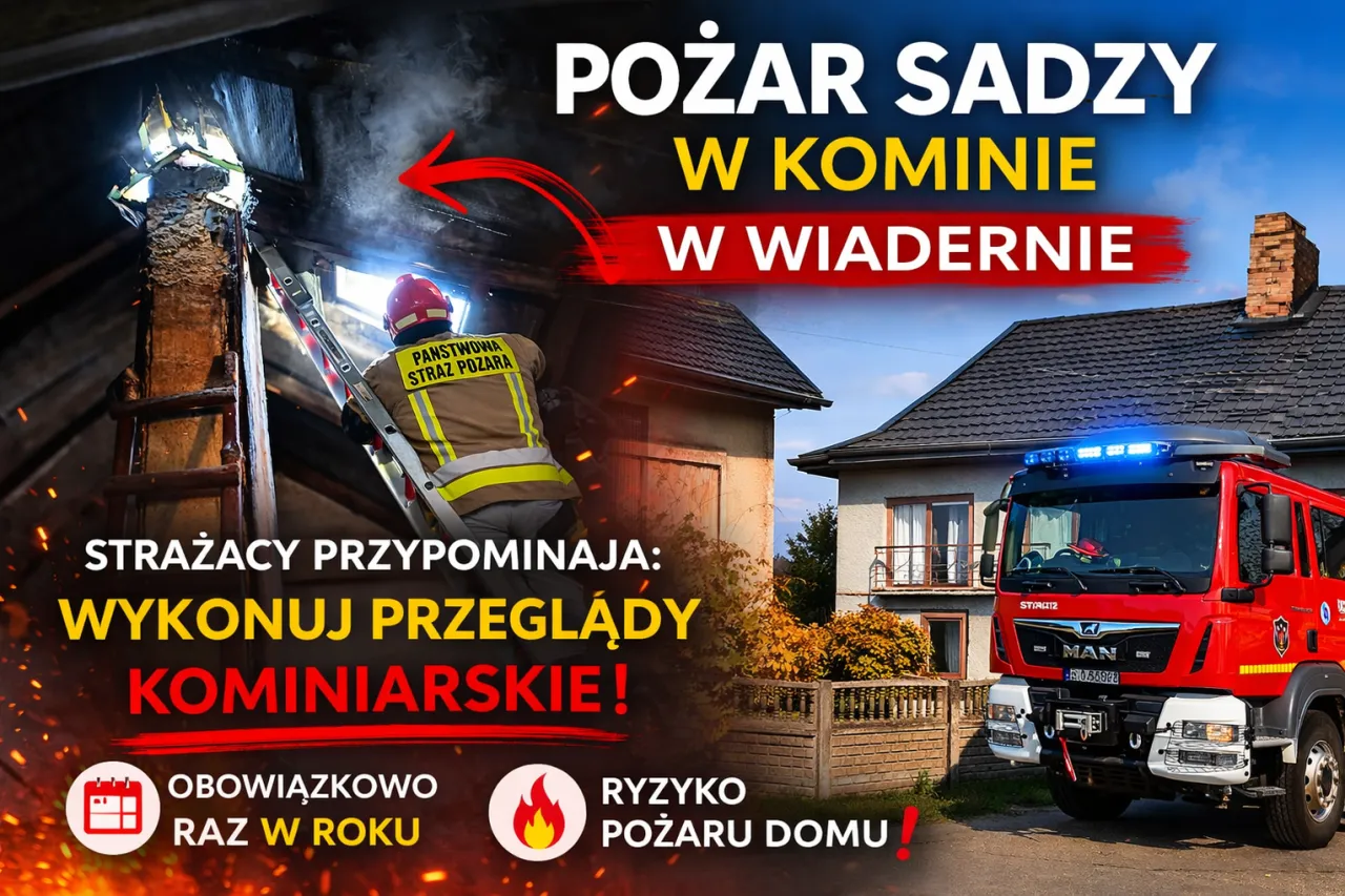 Strażak wchodzi na drabinę do zadymionego komina. Czy iskry z komina to normalne? Straż przypomina o przeglądach kominiarskich!