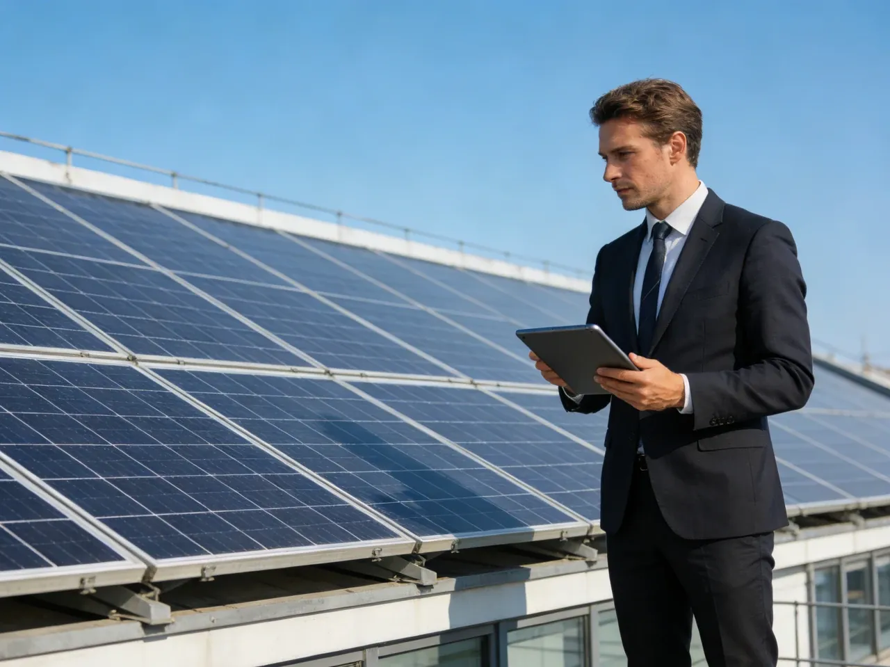 Biznesmen analizuje dane na tablecie na tle paneli fotowoltaicznych, zastanawiając się nad potencjalnym podatkiem od fotowoltaiki.