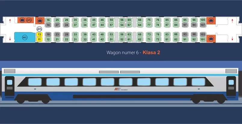 wnętrze pociągu PKP Intercity kategorii TLK z widocznymi numerami miejsc