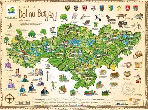 Mapa kulinarna Doliny Baryczy z zaznaczonymi restauracjami i stawami