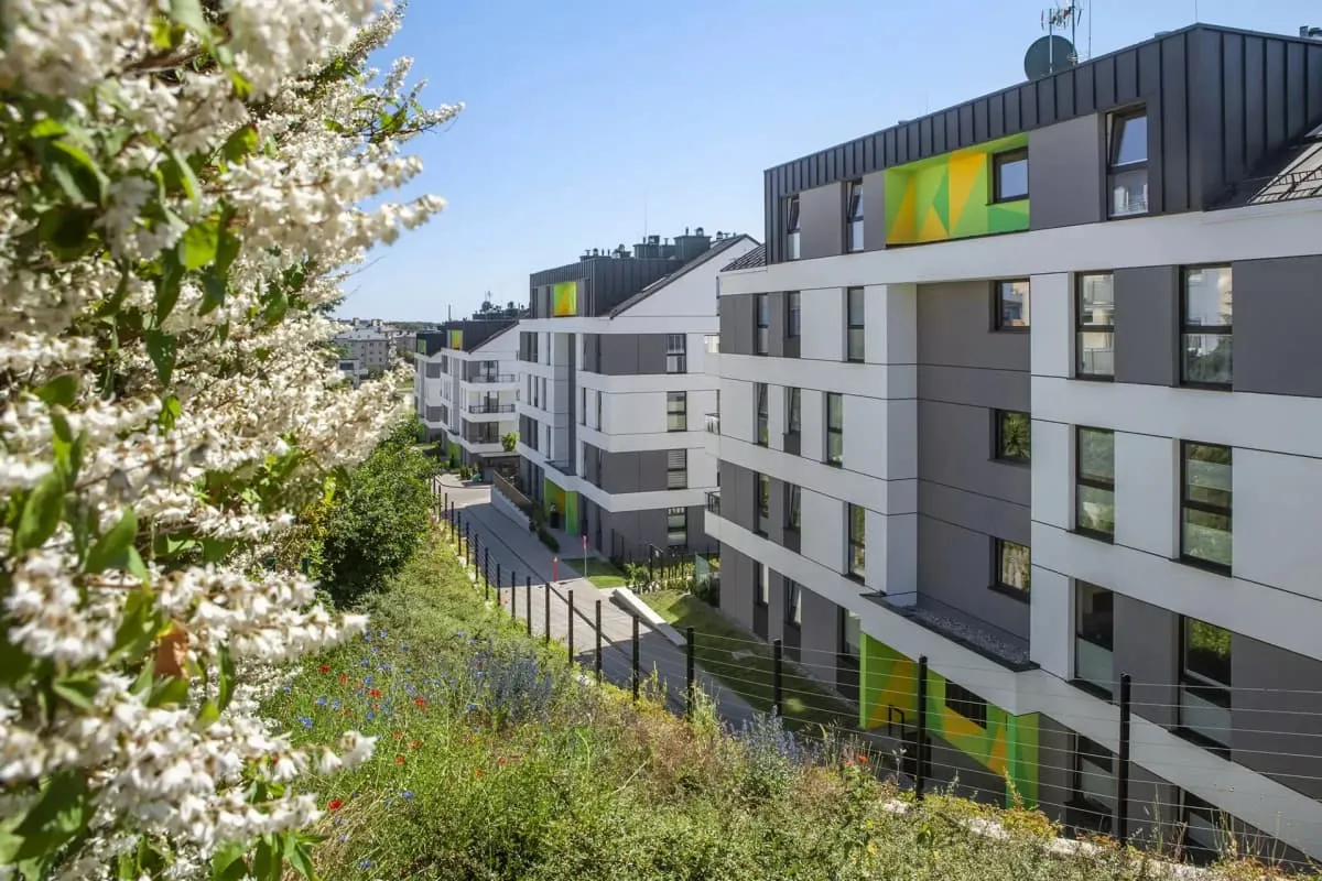 Nowoczesne bloki mieszkalne w Gdańsku Chełmie, otoczone zielenią i kwitnącymi krzewami.