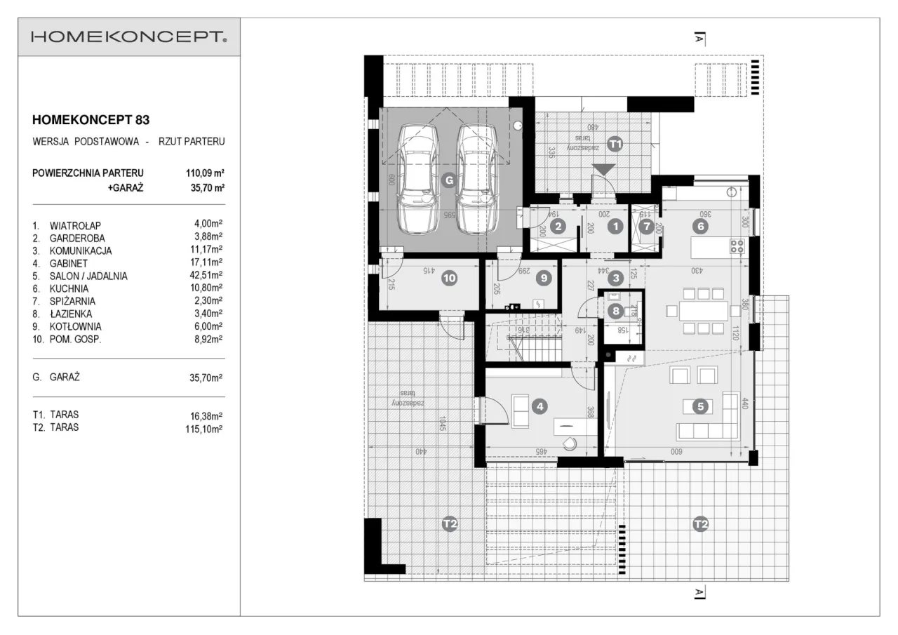Rzut parteru domu HOMEKONCEPT 83 z garażem. Plan pokazuje, jak ustawić dom na działce, z rozmieszczeniem pomieszczeń: wiatrołap, garderoba, komunikacja, gabinet, salon/jadalnia, kuchnia, spiżarnia, łazienka, kotłownia, pom. gosp.