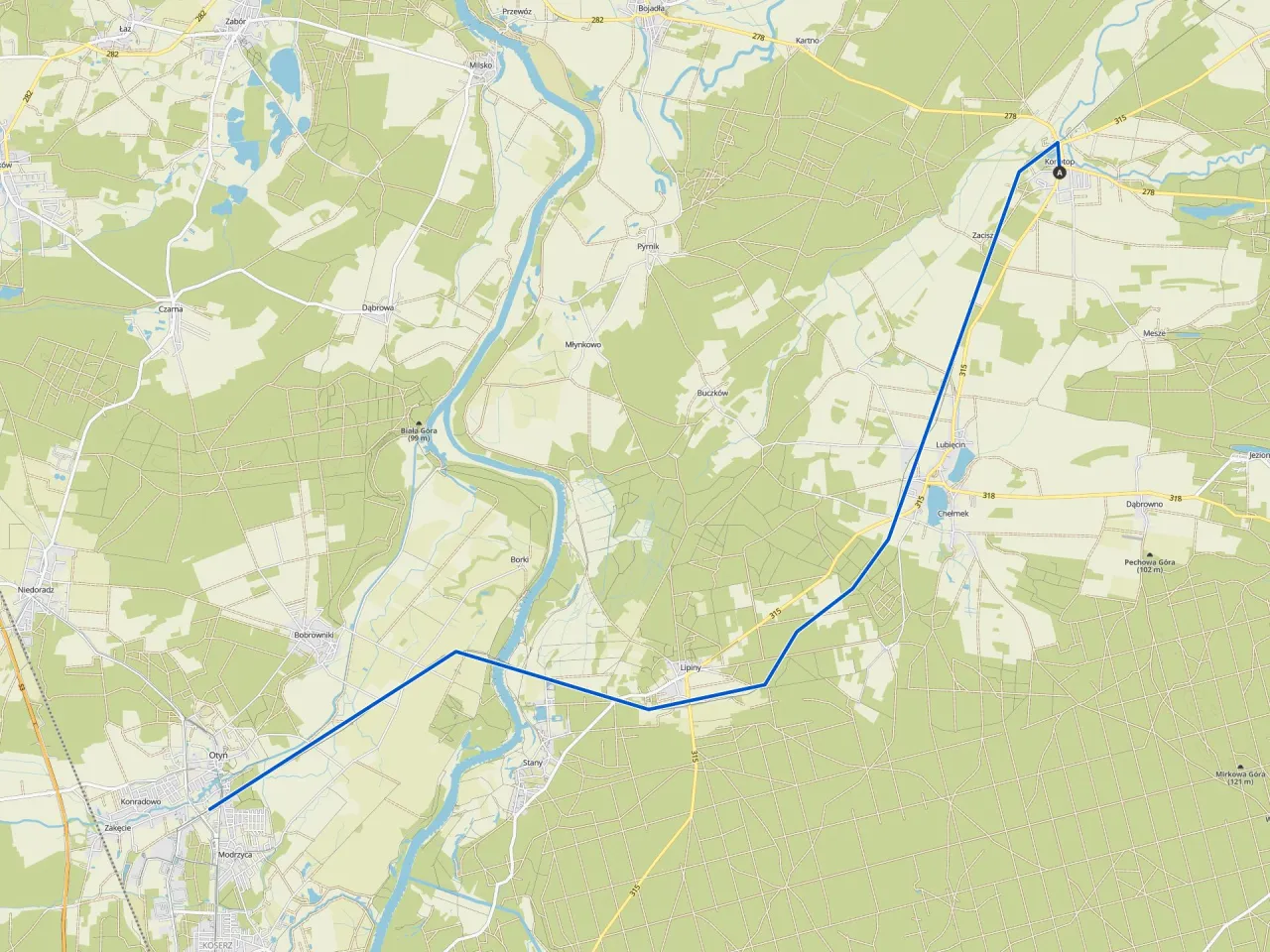 Mapa z zaznaczoną trasą rowerową przez malownicze tereny Lubuskiego. Odkryj najpiękniejsze trasy rowerowe lubuskie!