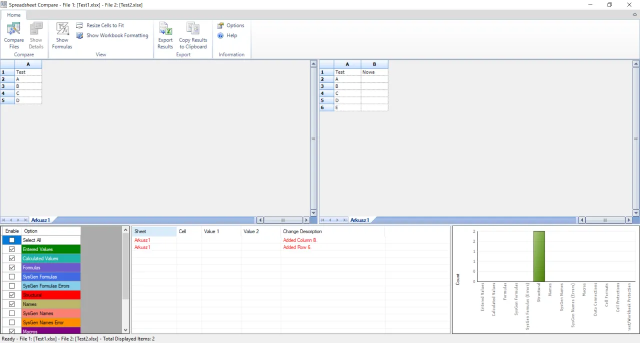 Por&oacute;wnanie arkuszy w LibreOffice Calc. Widoczne r&oacute;żnice: dodana kolumna B i wiersz 6.