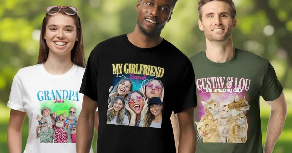 Collage von verschiedenen Menschen, die stylische T-Shirts mit coolen Motiven tragen