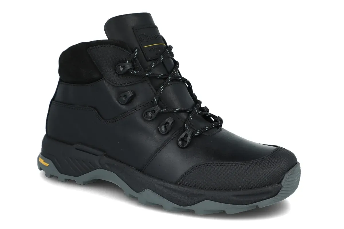 Czarne, wysokie buty trekkingowe z szarymi podeszwami i sznur&oacute;wkami. Idealne, jakie buty w g&oacute;ry jesienią, zapewniające komfort i stabilność.