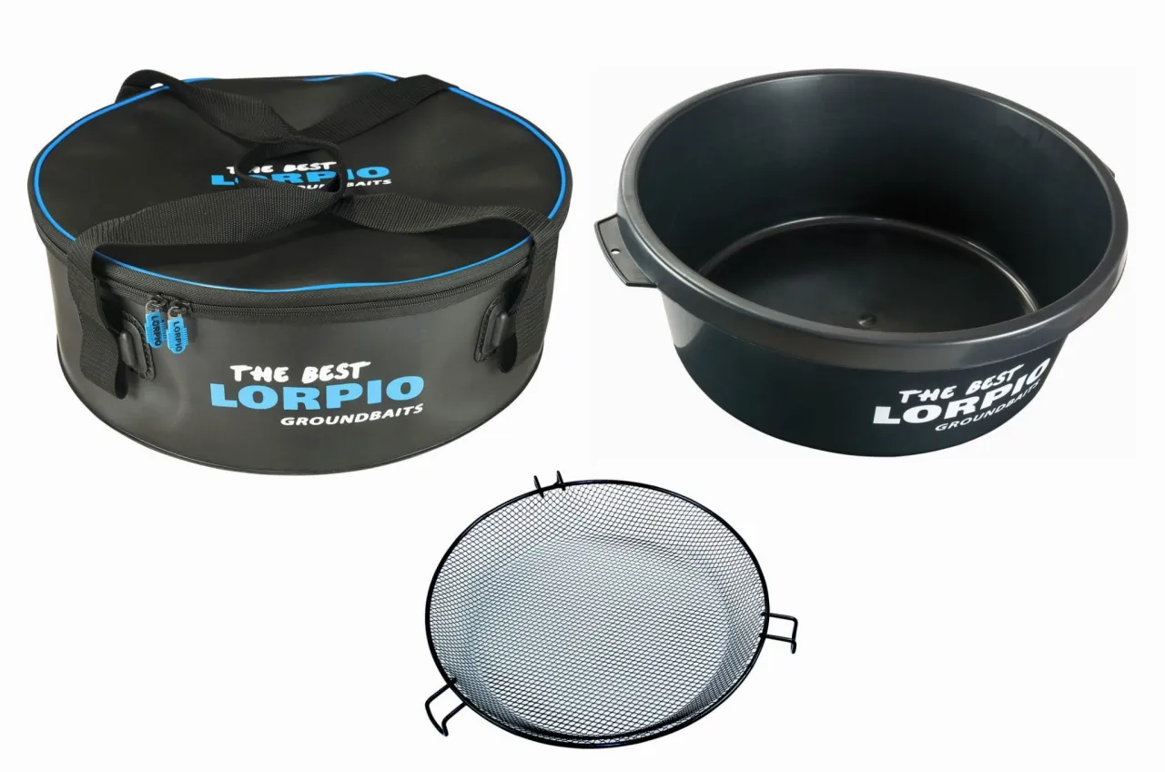 Zestaw do zanęty Lorpio: torba, wiadro i sicie. Pozytywne zanęta Lorpio opinie potwierdzają jakość.