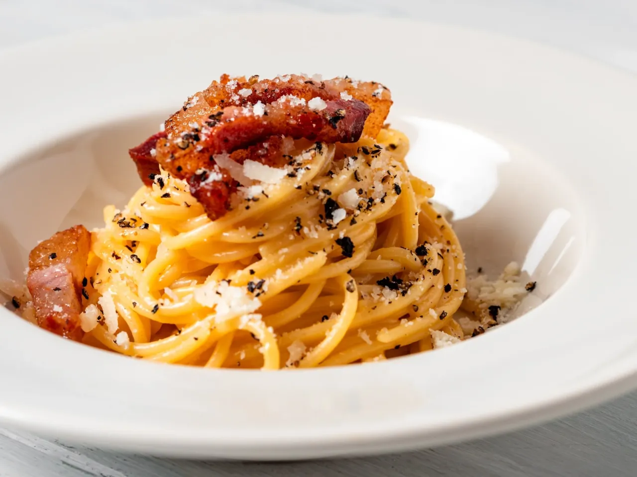 Pyszne spaghetti alla Gricia przepis: makaron z chrupiącym guanciale, serem pecorino i czarnym pieprzem.