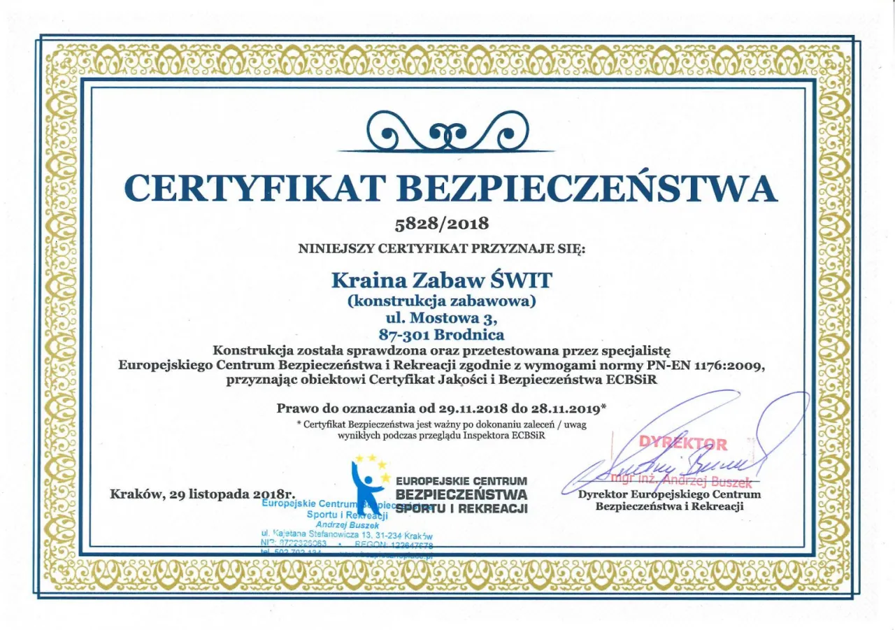 Plac zabaw certyfikat bezpieczeństwa