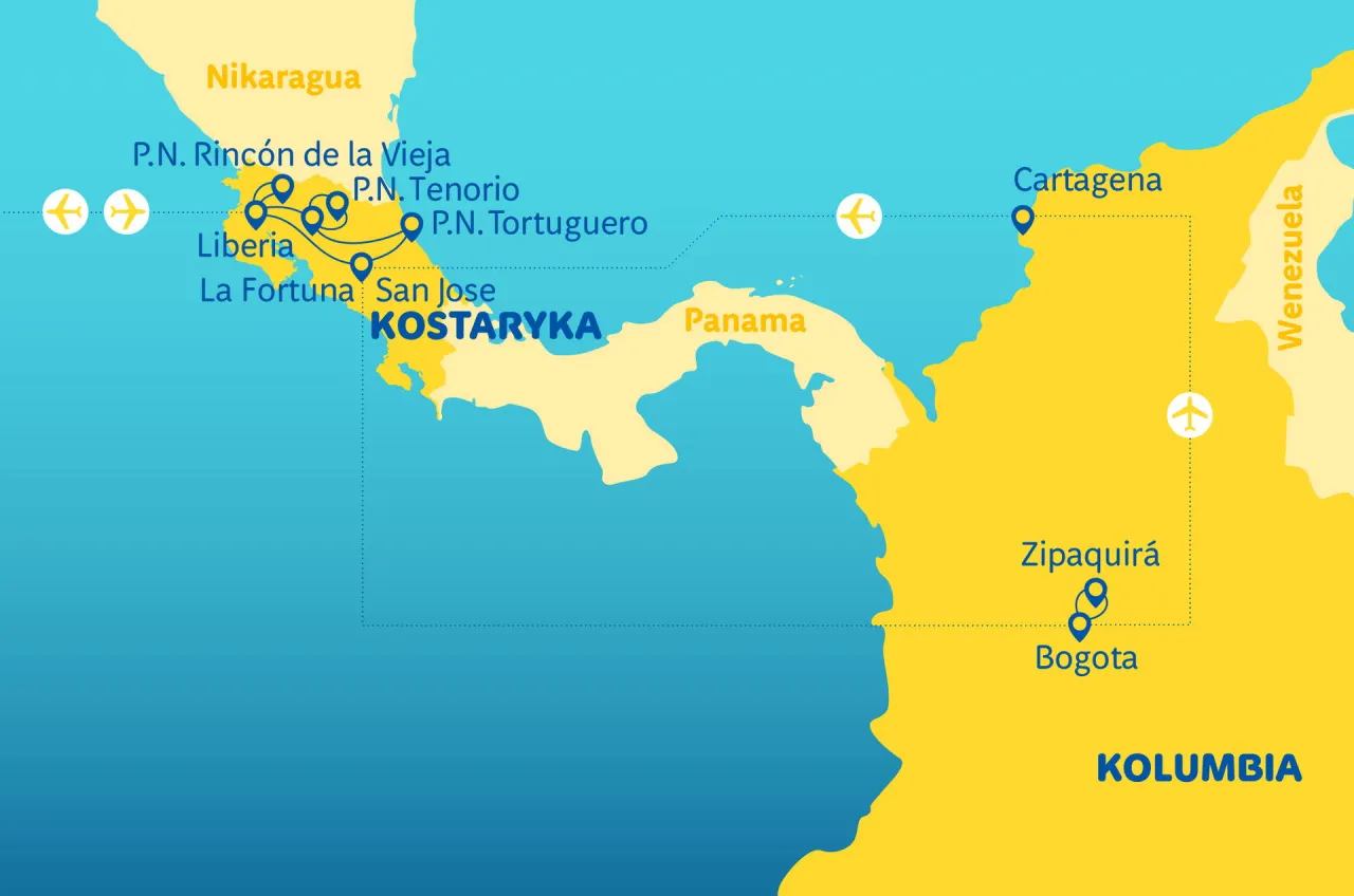 Mapa pokazuje, gdzie leży Kostaryka, między Nikaraguą a Panamą, z zaznaczonymi lotniskami i gł&oacute;wnymi miastami.