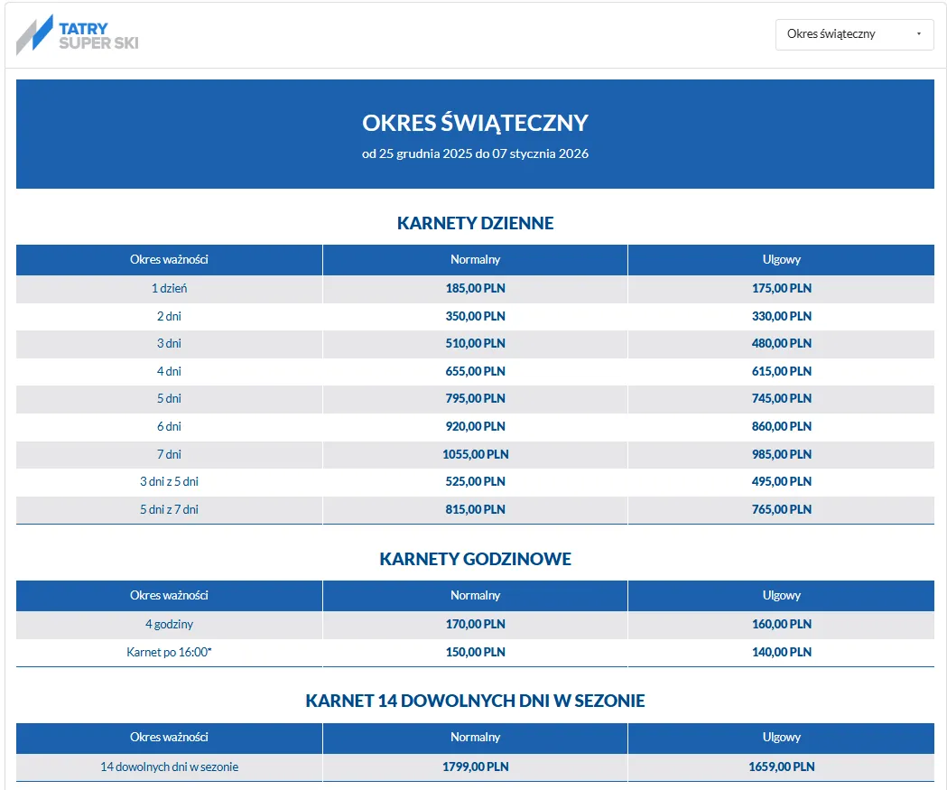 Cennik Tatry Super Ski