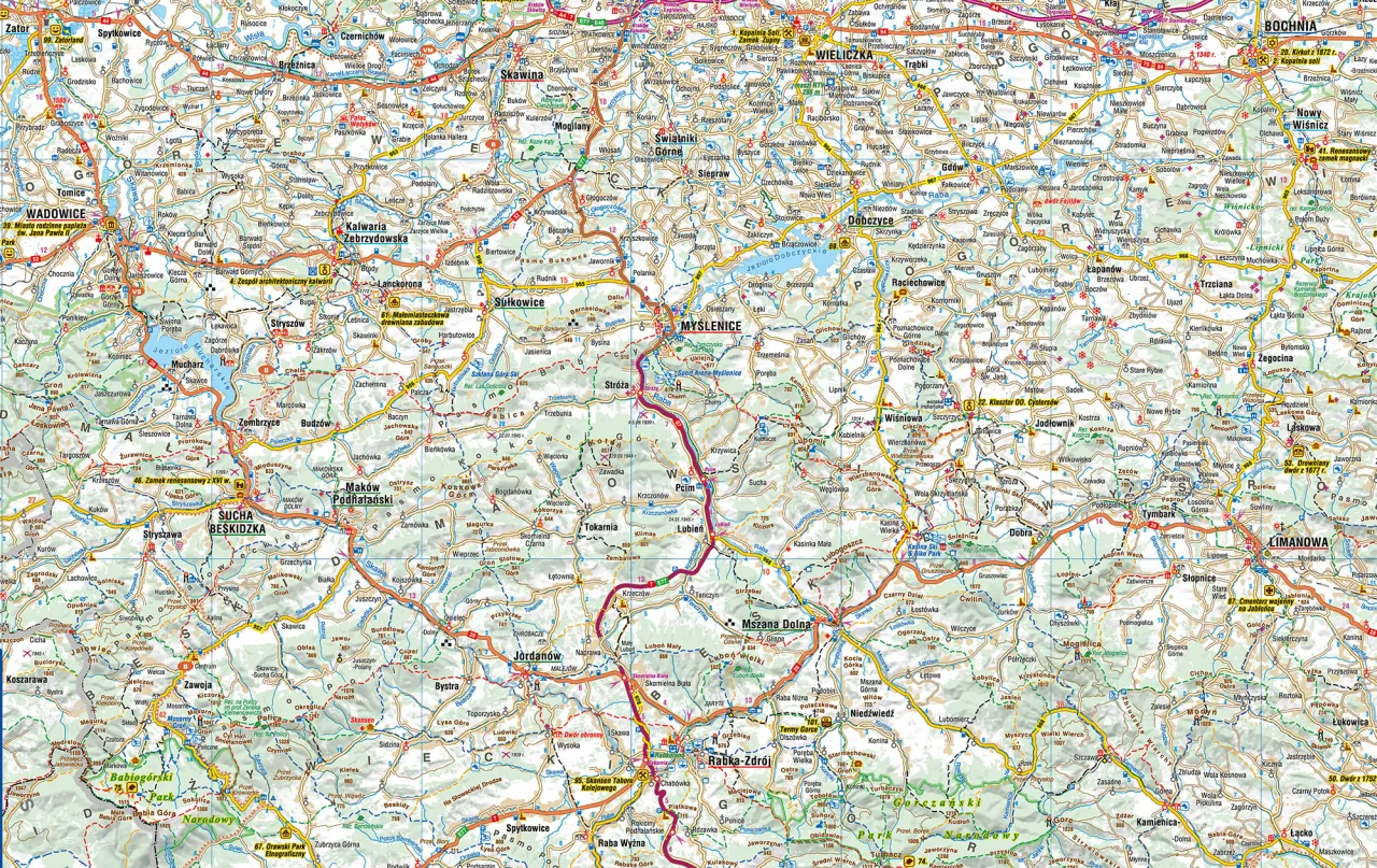 Mapa turystyczna Małopolski, ukazująca najpiękniejsze miejsca w Polsce, takie jak Beskid Wyspowy, Gorce, Pieniny i Tatry.