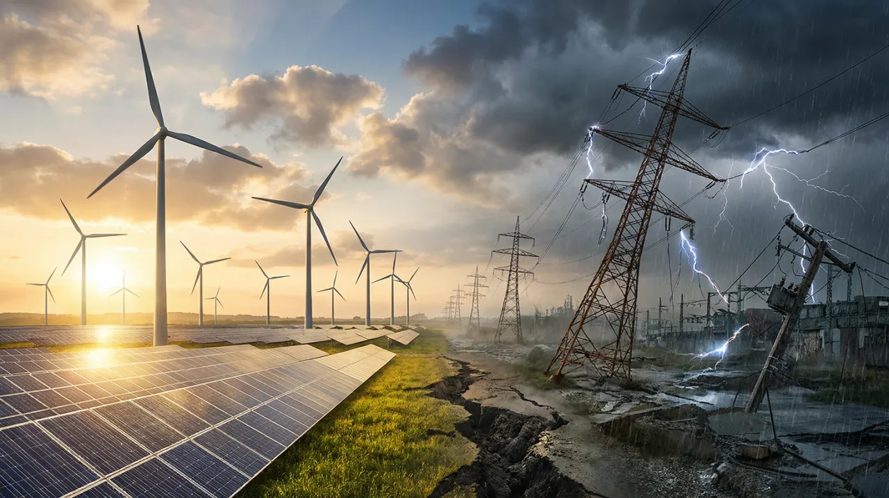 Kontrastowa wizja energetyki w Niemczech: słoneczne farmy i wiatraki po lewej, zniszczone linie energetyczne i burza po prawej.