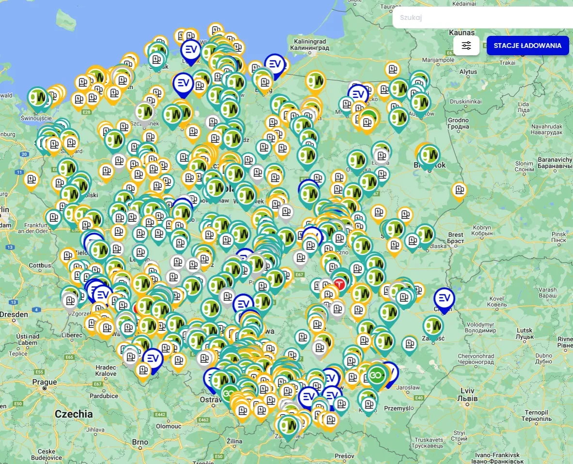 mapa stacji ładowania samochodów elektrycznych w Polsce