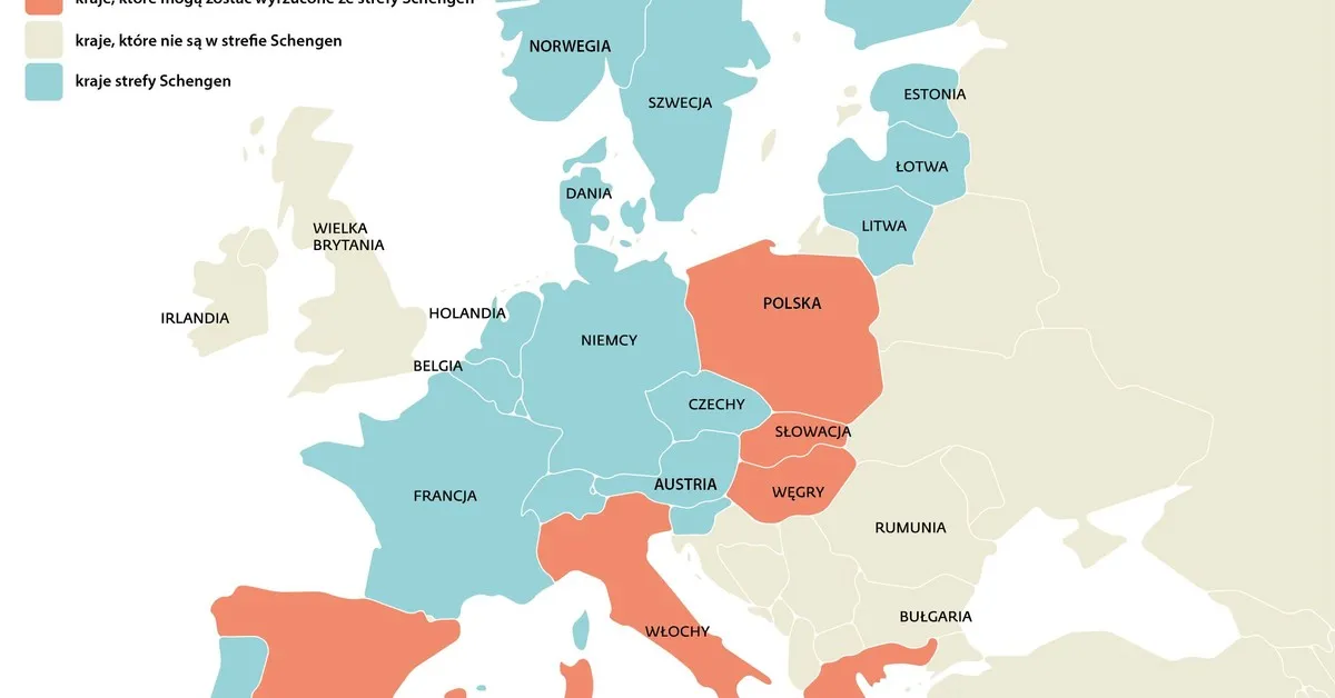 Mapa Europy z zaznaczoną strefą Schengen i krajami UE