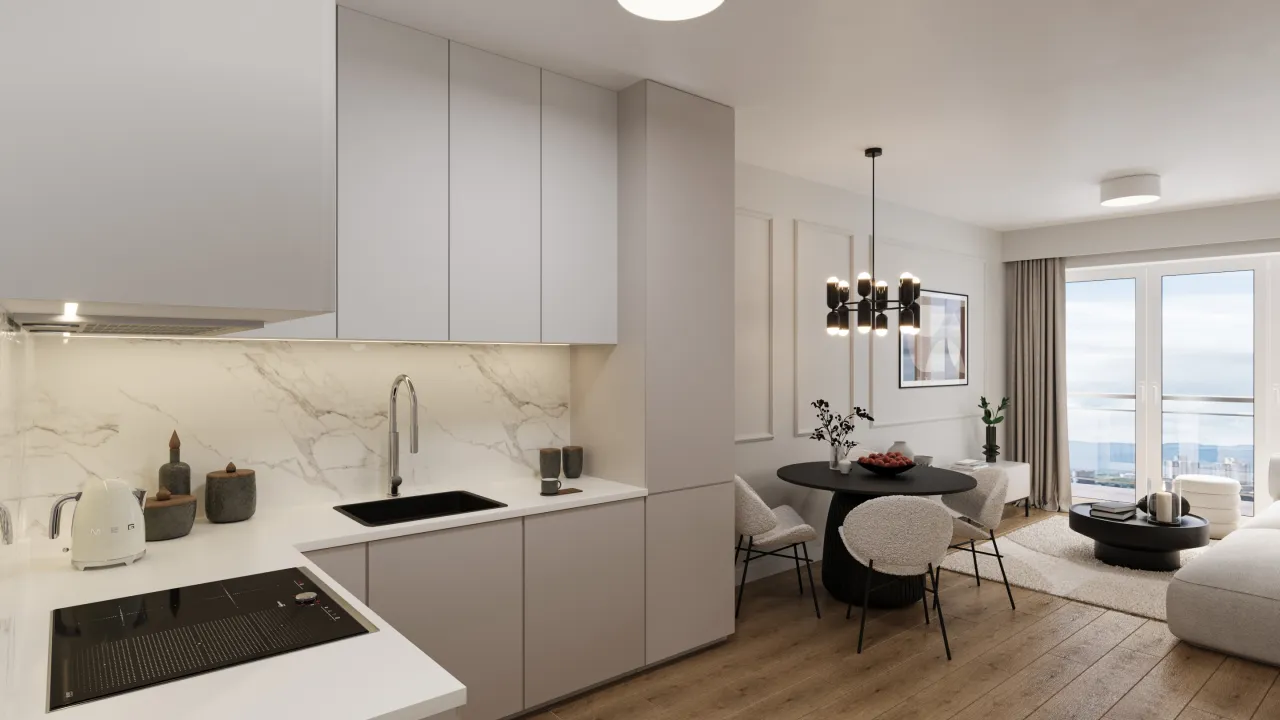 Nowoczesna kuchnia i jadalnia z widokiem na miasto. Dowiedz się, ile kosztuje wykończenie stanu deweloperskiego.