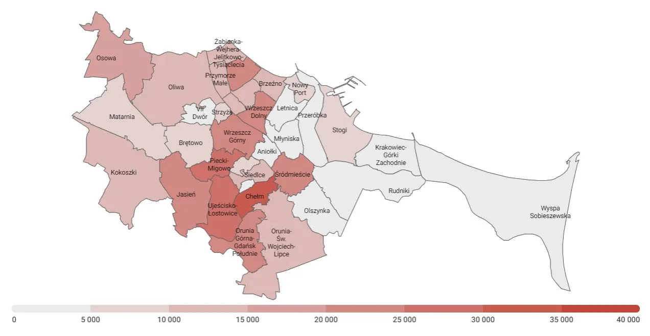 Mapa gęstości zaludnienia Gdańsk dzielnice