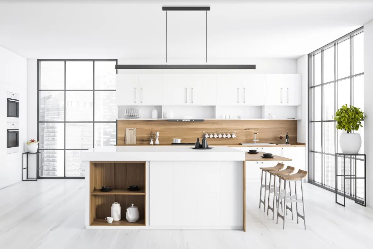 oświetlenie blatu kuchennego taśmą LED i lampy nad wyspą