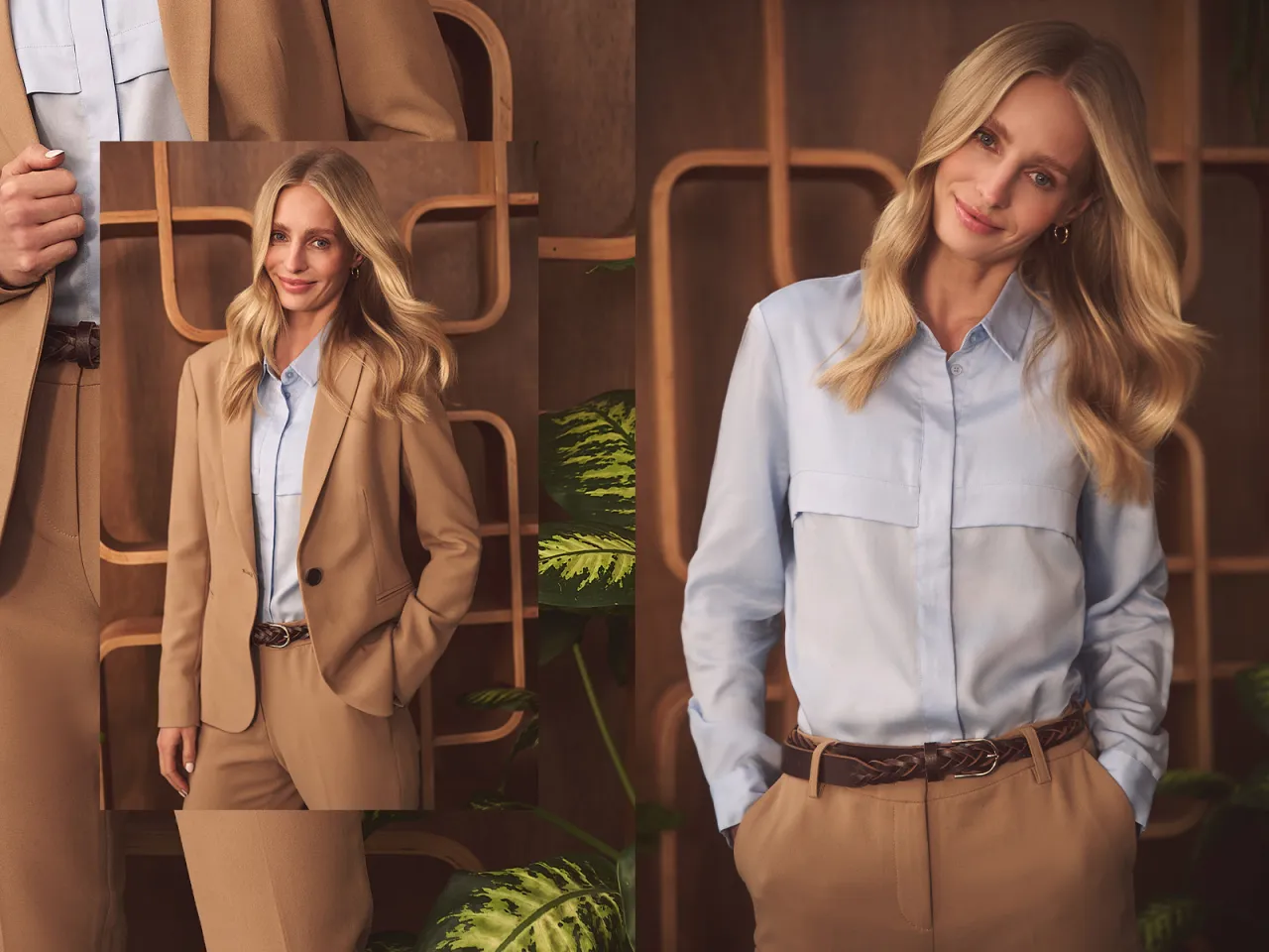 Elegancka kobieta w beżowym garniturze i błękitnej koszuli, prezentująca kobiecy dress code.